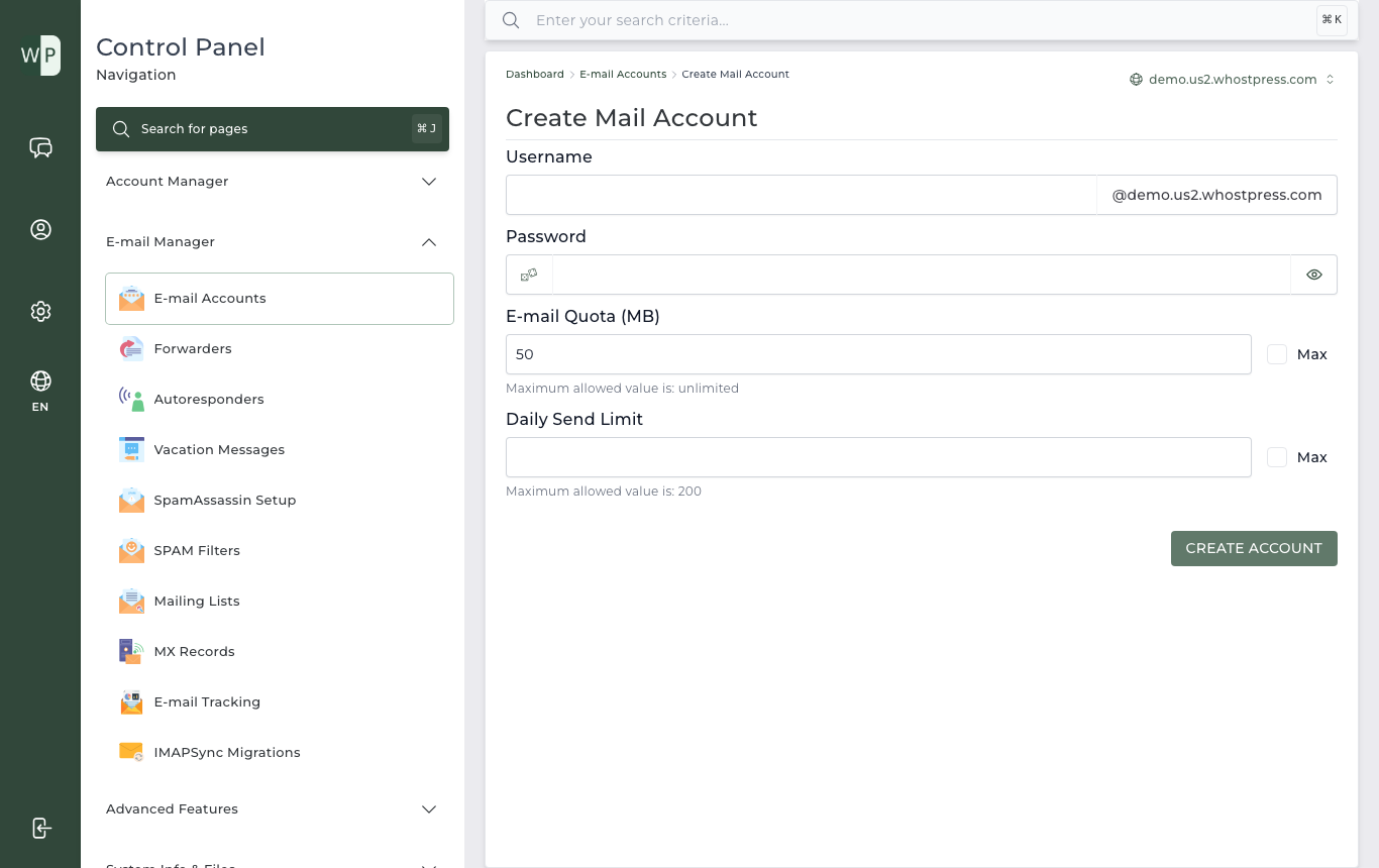 The Create Mail Account page in Whostpress Panel