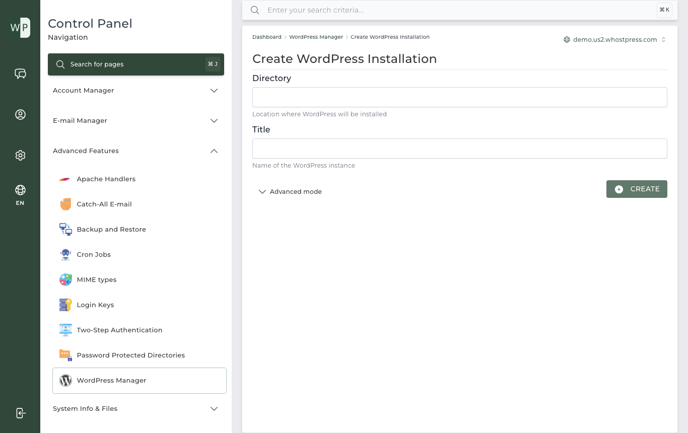 Create WordPress Installation in Whostpress Panel